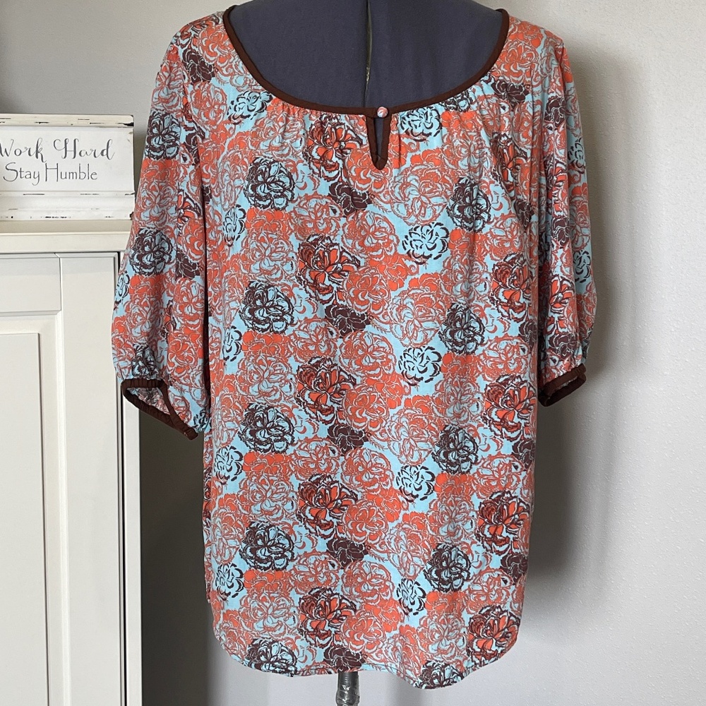 Cruel Girl Women's Western Floral Shirt Loose Boxy Short Sleeve Top Blue Large